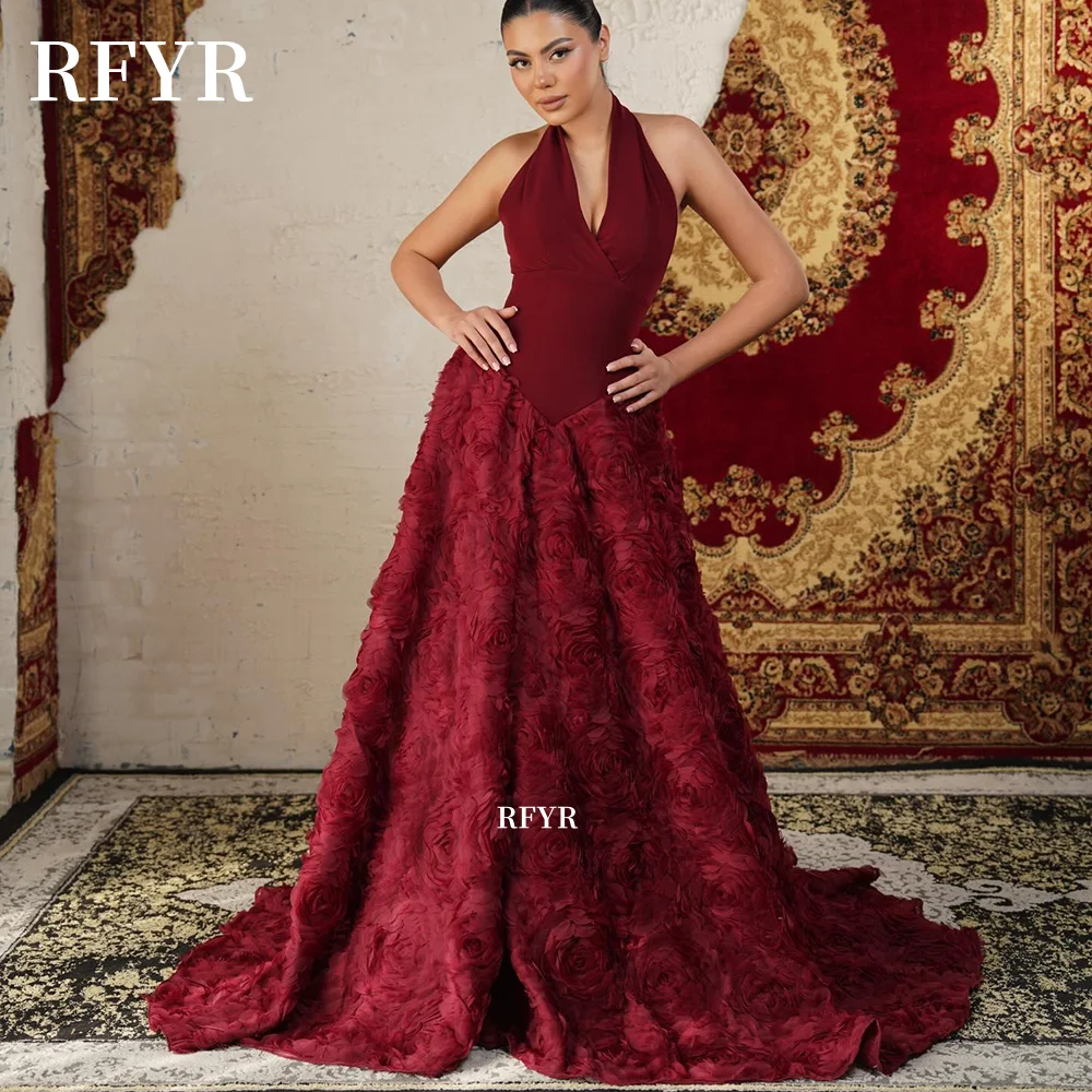 

RFYR Burgundy Prom Dress 3D Flowers Party Dress Halter Gala Gowns for Women Evening Gowns for Princess مناسبة Customized