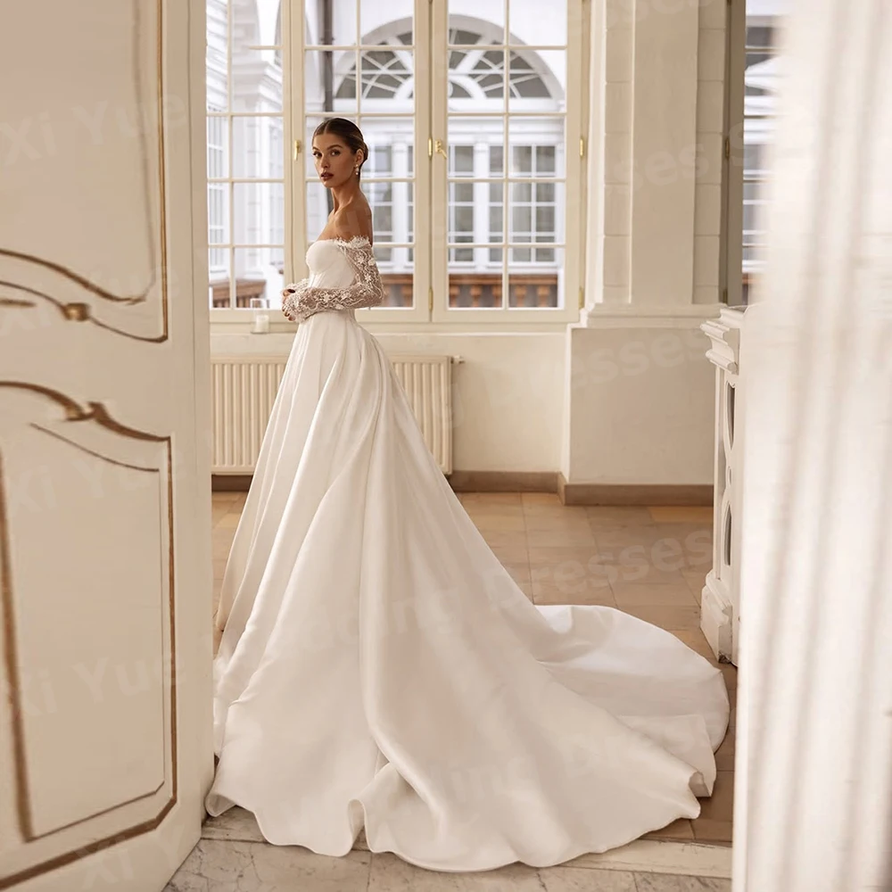 

Graceful A Line Women's Wedding Dresses Off Shoulder Vestidos De Novias De Boda Bride Gowns Customized Lace Side Slit Vestidos