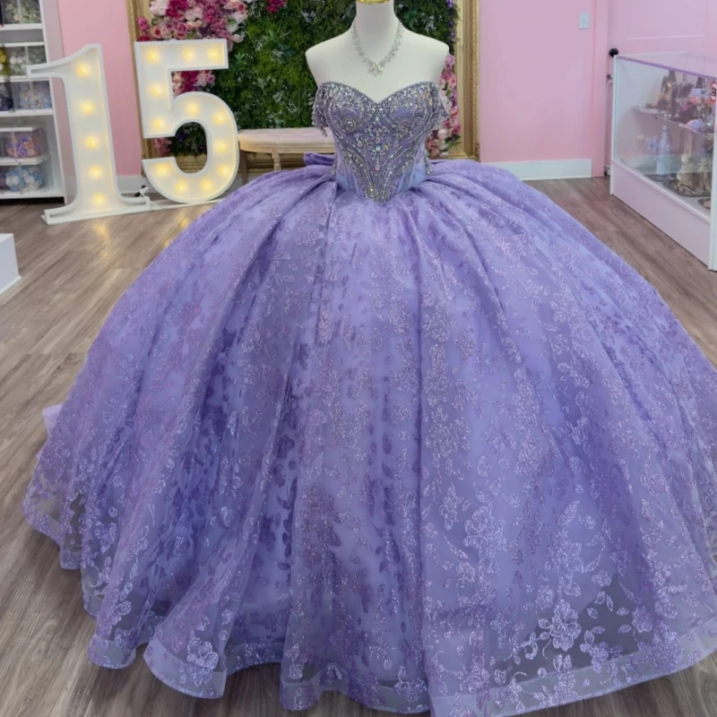 

Lavender Shiny Princess Sweet 16 Dress Quinceanera Dresses Sequin Applique Lace Beading Crystal Bow Tull Party Birthday Vestidos