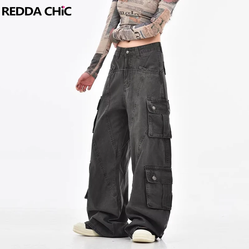 

REDDACHiC Gray Patchwork Cargo Jeans for Women Boyfriend Grunge Low Rise Straight Wide Leg Denim Pants Punk Vintage Streetwear