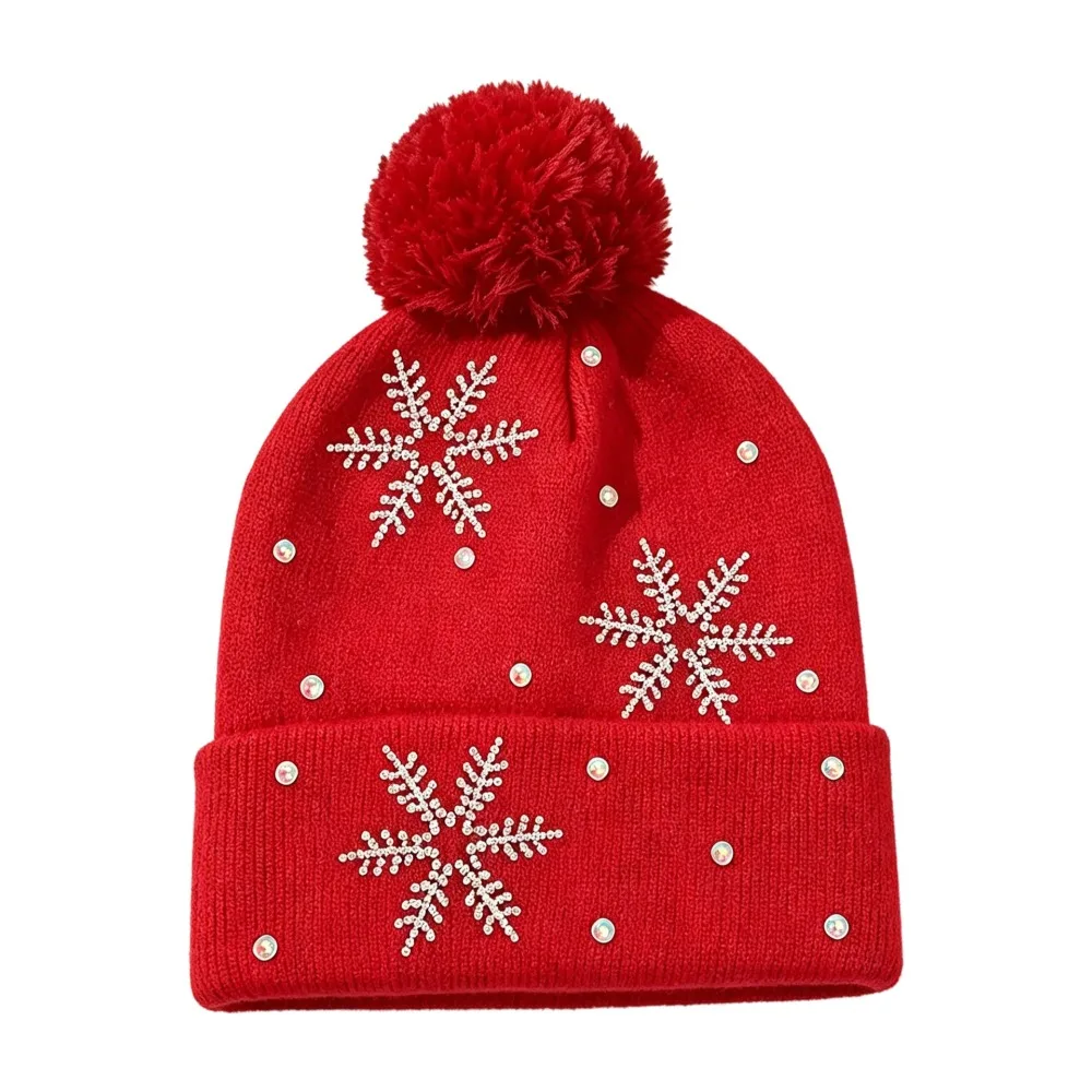 Thickened Women Snowflake Knitted Hat Keep Warm Snowflake Rhinestone Pullover Hat Warm Ear Protection Winter Balaclavas Cap