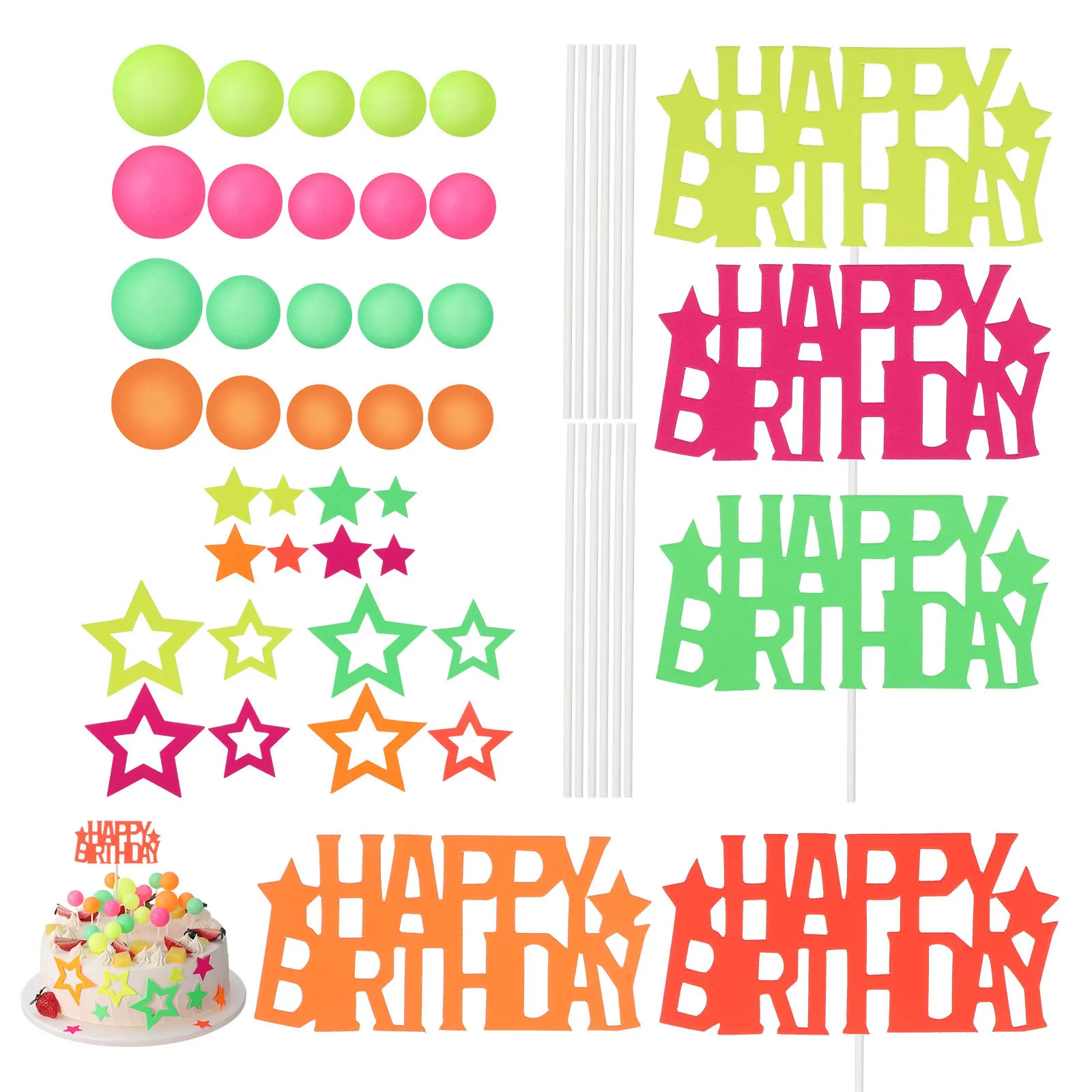 

40Pcs Glow in Dark Cake Toppers Star Shaped Spherical Neon Party Decorations Birthday Party Supplies Luminous Design