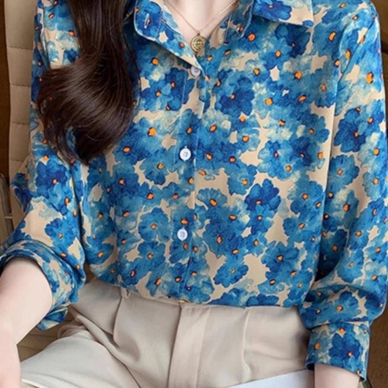 Elegant Women's Luxury Blouses Fashion Single-Breasted Full Sleeve Printed Shirts Loose Tops Chic Woman Blouse