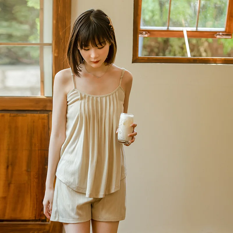 

Thin summer women's knitted cotton pajamas women's suspender vest shorts set loungewear