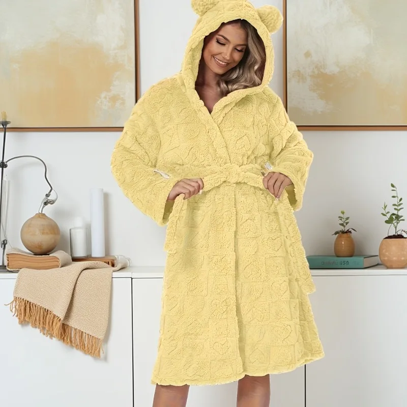 Cute Hooded Tie Front Loungewear Home Wear Womens Fall Winter Robe Bathrobe Heart Flannel Sweet