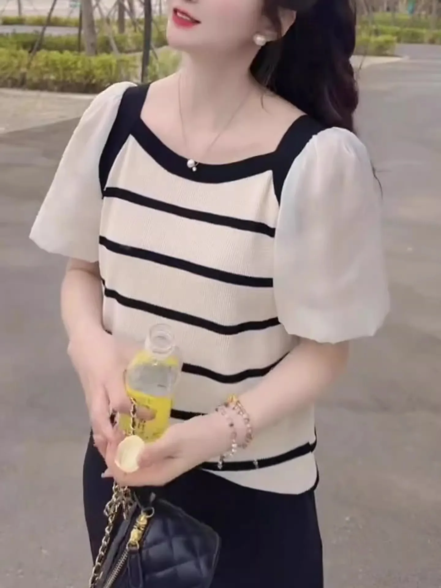 

Вязаный топ из ледяного шелка ort Sve в стиле пэчворк, облегающий топ, летняя полосатая повседневная футболка с короткими рукавами, корейская версия, прямой крой