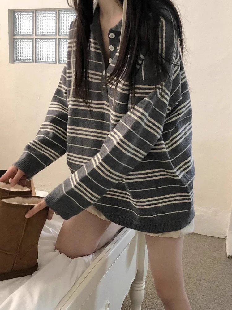 

Свободный трикотаж Ne, женский ранний осенний новый винтажный свободный топ в вертикальную полоску, цветная блузка, корейский длинный све