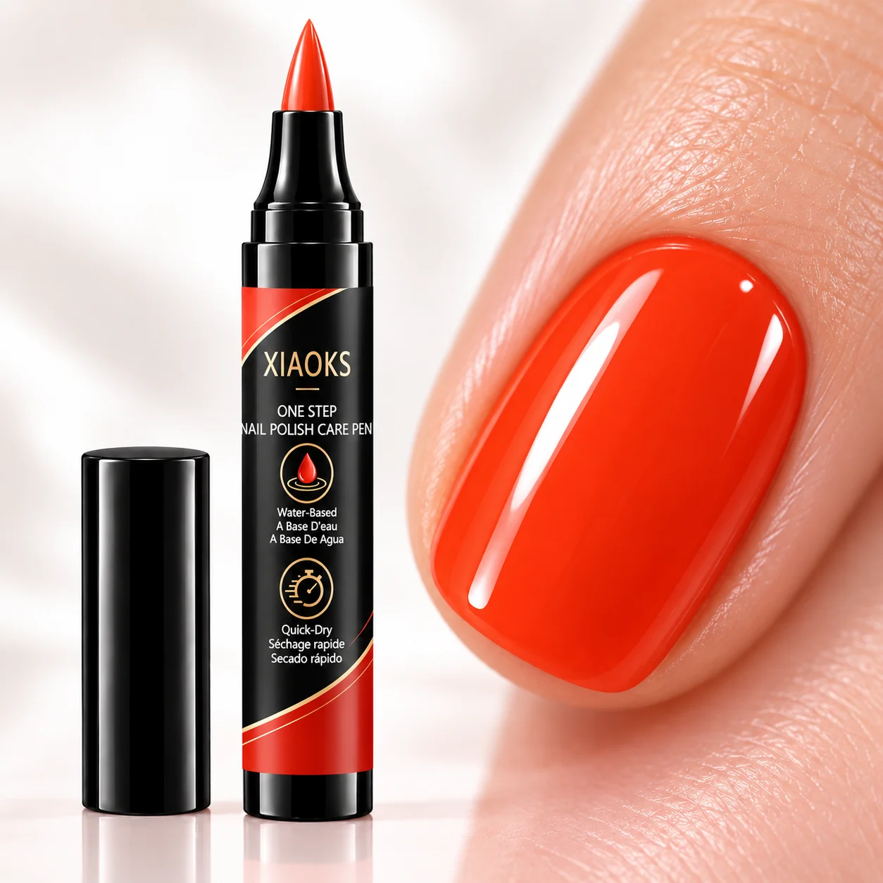 Xiaoks Bright Orange-Red One-Step Nail Art Pen, Featuring Finely Selected French Pearlescent Powder for Intense Color and Durability, with a Gentle Base Formula, the Color Applies Smoothly and Evenly, No Need for Baking or Curing, Quick-Drying Without the Need for a Lamp, Quickly Forms a Waterproof Nail Film, the Film Surface Resists Daily Friction and Scratches, the Color Adheres Firmly and Is Not Prone to Peeling Off at the Edges, Suitable for Home DIY Salon Manicures, Suitable for Various Occasions Such as Holidays and Dates, Can Be Used as a Gift Item