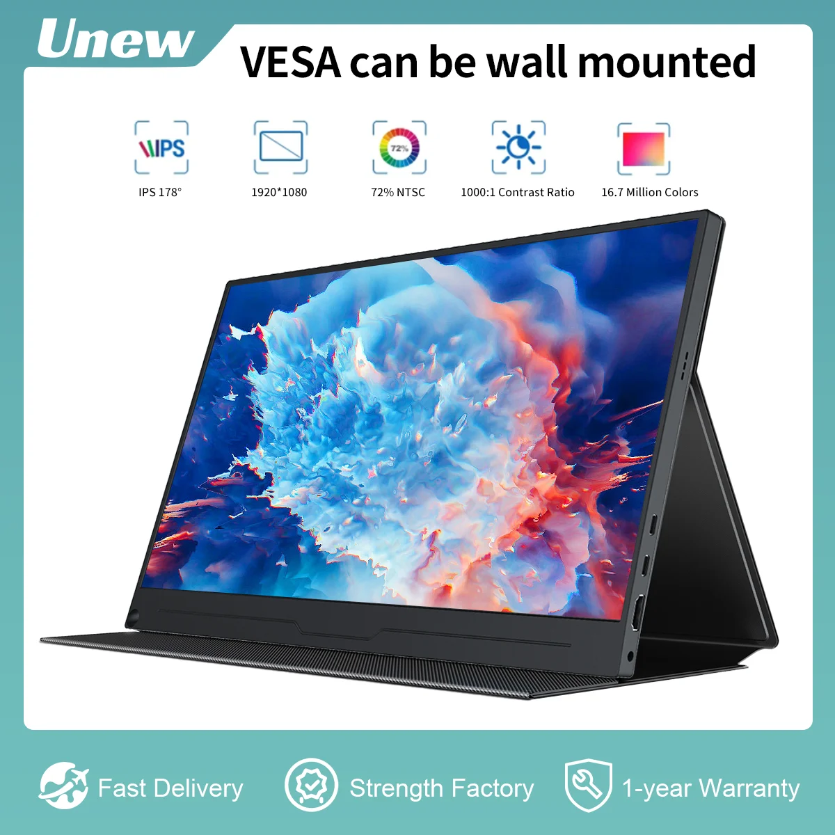 Unew Portable Monitor 15.6” 1920x1080 60Hz LCD Display with  Smart Case 75*75mm VESA for Gaming Laptop PC Xbox PS 5 4 Switch