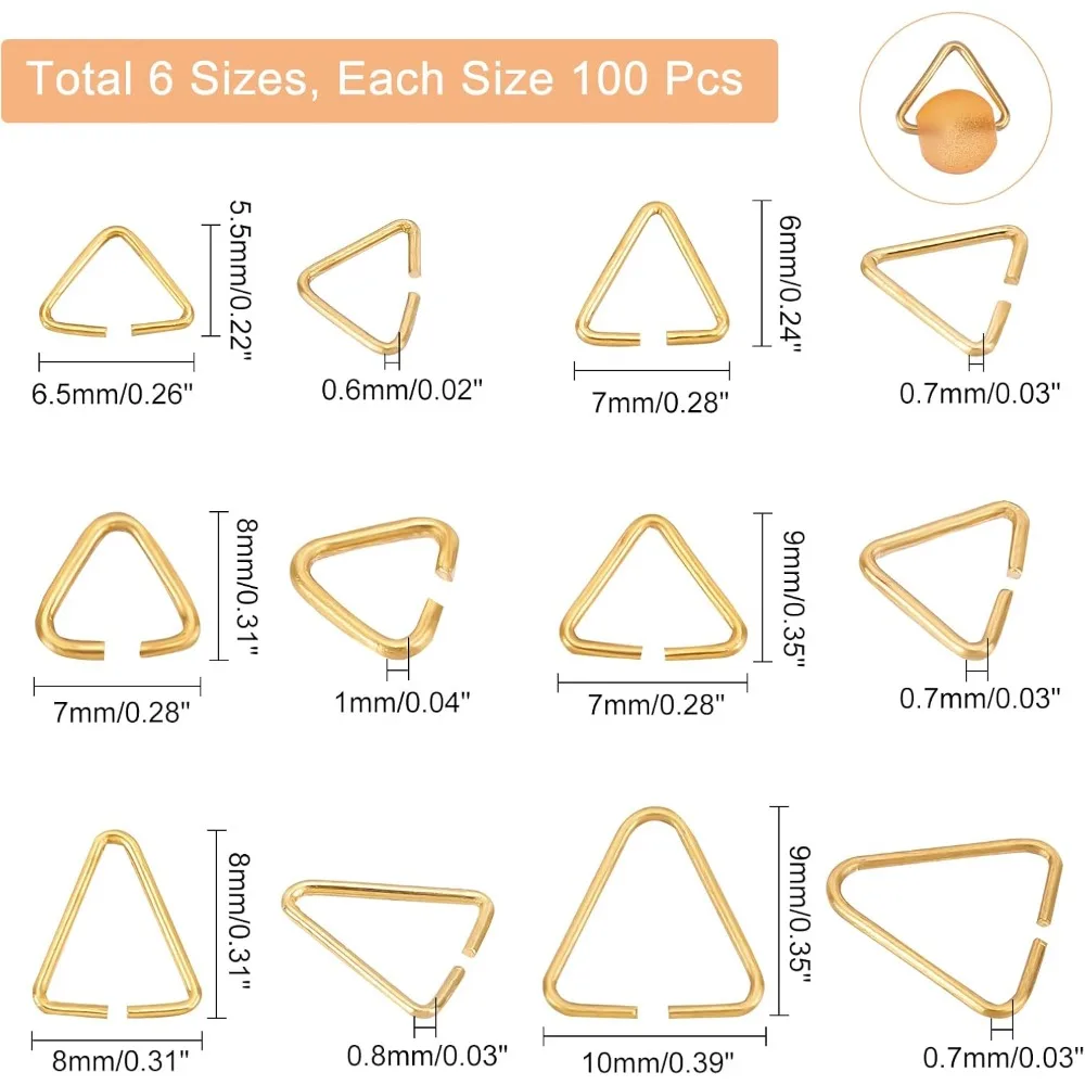 600Pcs 6 Styles Triangle Open Jump Ring Brass Jump Rings Golden Split Rings Connectors Clasps Hooks Jewelry Making Findings