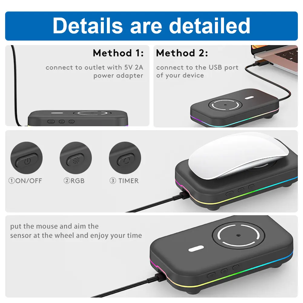 Simulador de Movimiento de Ratón Indetectable, 4 Modos, Simulador de Movimiento Automático con Temporizador de Intervalo Ajustable, Interruptor de Encendido/Apagado, Luces RGB