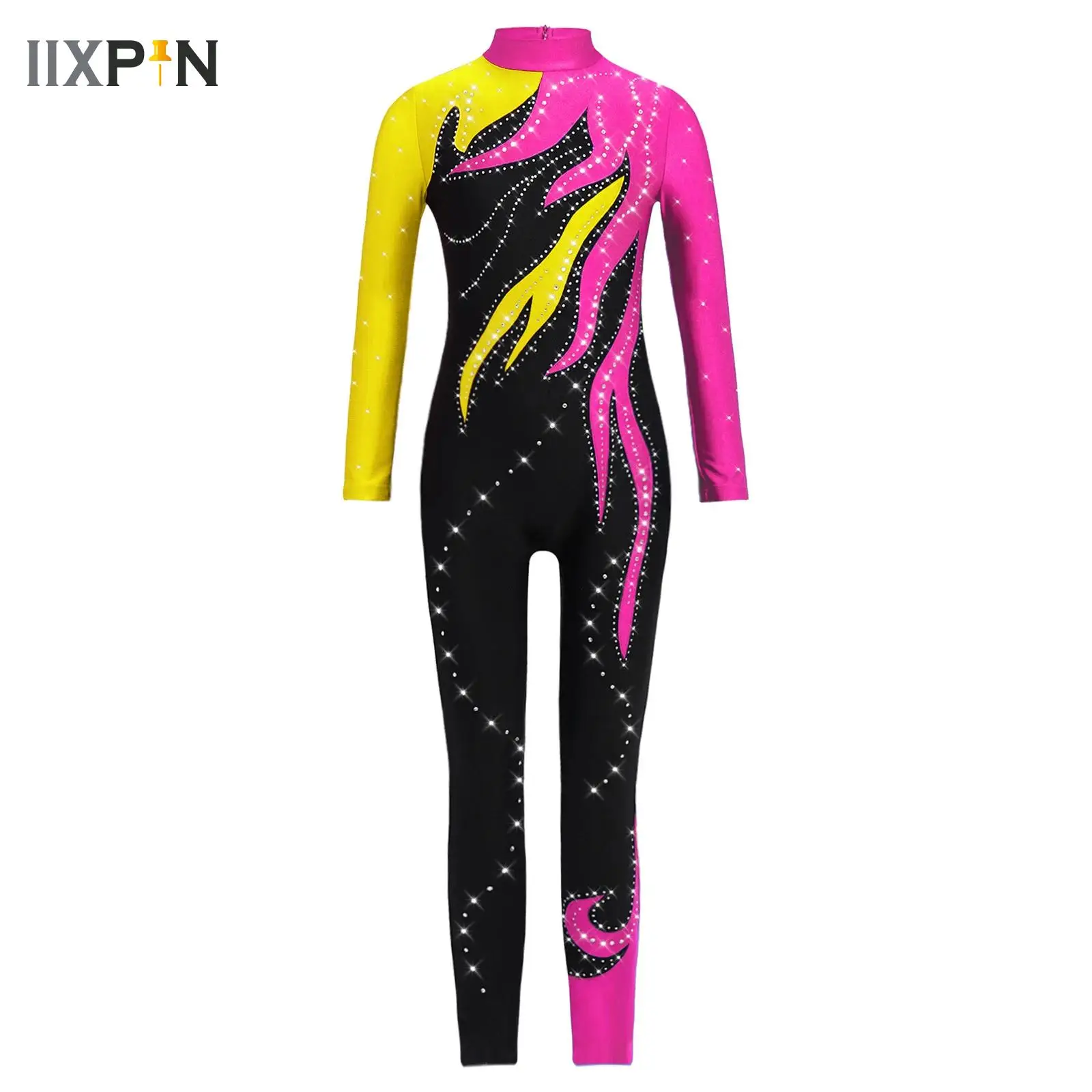 

Teens Girls Ballet Dance Jumpsuits Gymnastics Jersey Performance Costume Long Sleeves Rhinestones Bodysuit Full Body Leotards