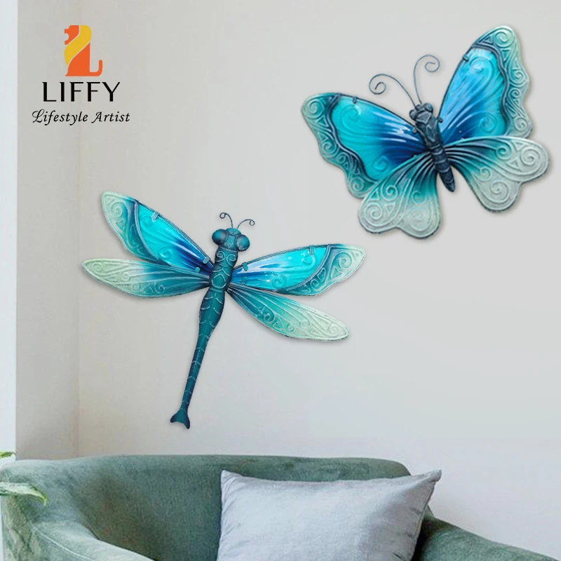 Metal Butterfly Dragonfly Set Wall Art for Home Decoration Sculpture Statue of Living Room Bedroom Study Hallway Yard Patio