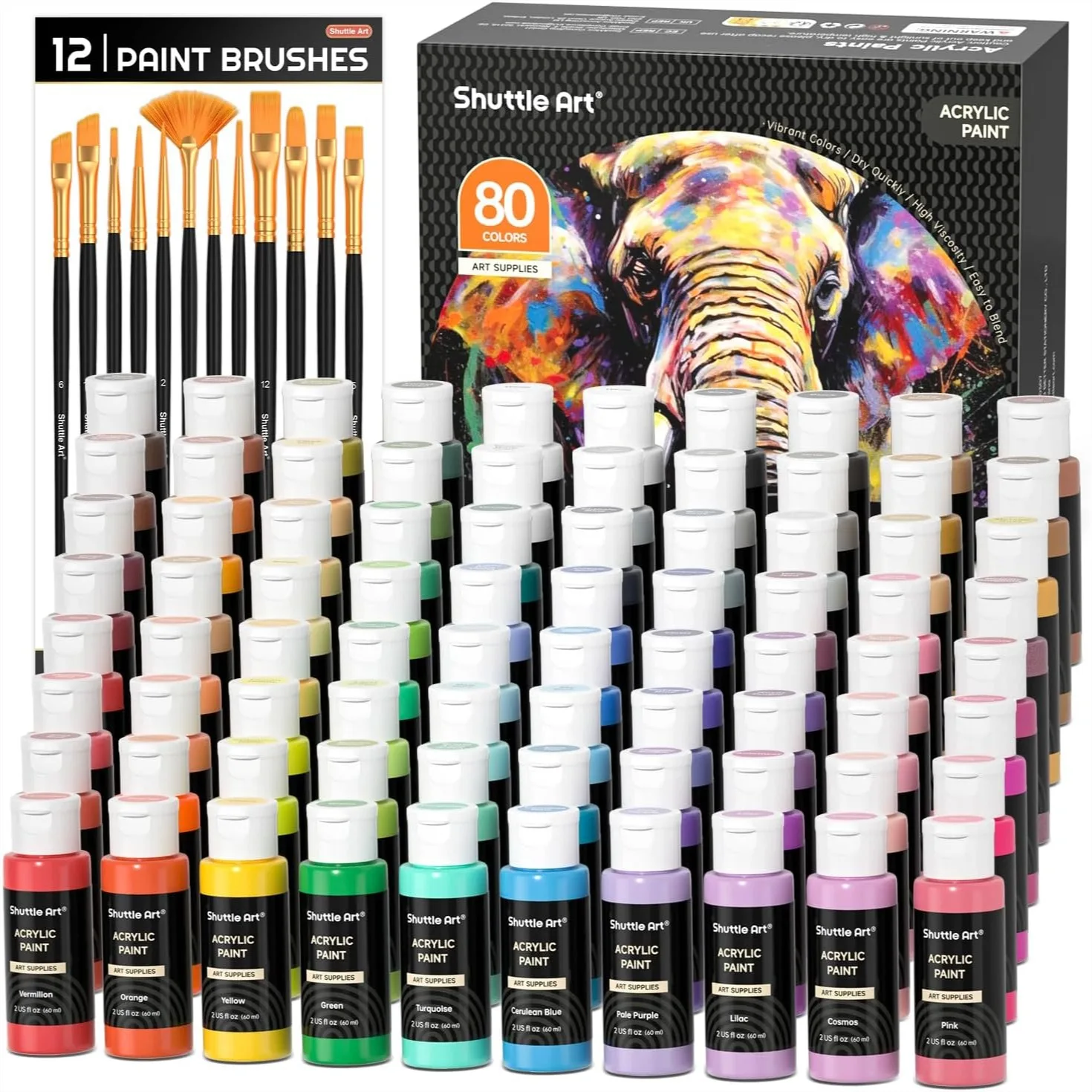 

80 Colors Acrylic Paint Set with 12 Brushes, 2oz/60ml Bottles, Rich Pigmented, Premium Paints for Canvas, Wood, Ceramic, Rocks