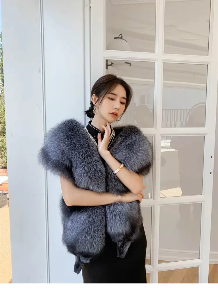 MS.Minshu-Natural Silver Fox Fur для женщин, роскошная шаль из натурального Лисьего меха, зима