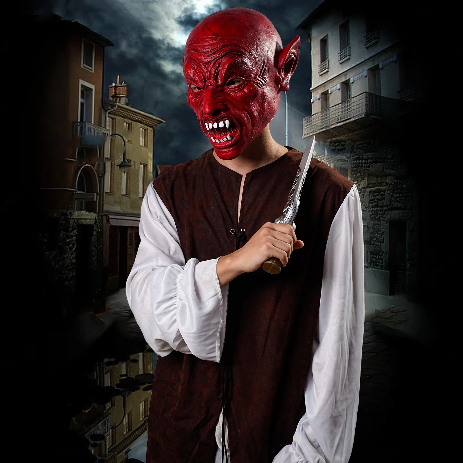 قناع جمجمة مرعب - إكسسوار أزياء الهالوين من اللاتكس مع خطر الأنياب وبقع الدم، مثالي للحفلات الرعب