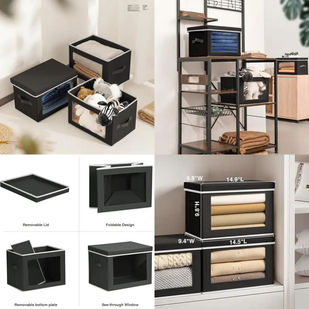 

Складные ящики для хранения с крышками и ручками, 3 упаковки черных тканевых контейнеров для организации одежды, полотенец, книг с окном