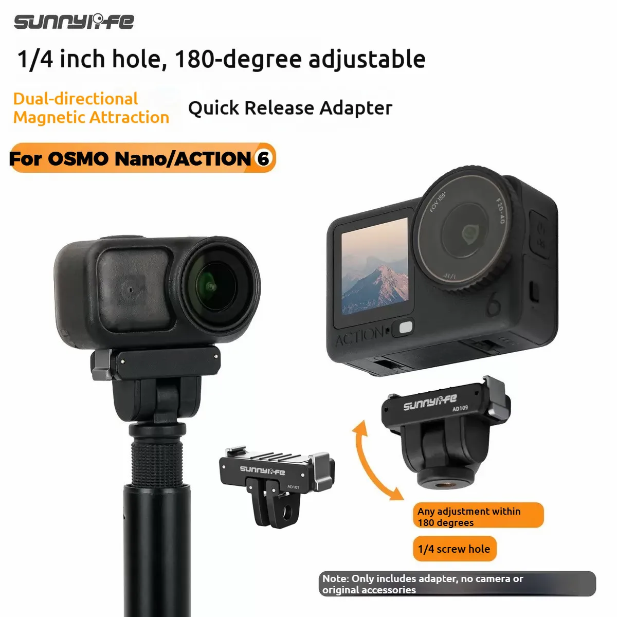 

Sunnylife Dual-Direction Magnetic Mount With 1/4 Screw Adapter For DJI OSMO NANO/Action 6 180° Adjustable Magnetic Bracket