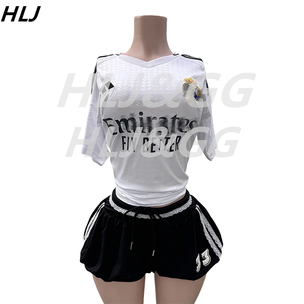 HLJ Vintage Letter Printing Loose Tshirts Two Piece Sets Women V Neck Top And Puffy Shorts Outfits Fashion Trend 2pcs Streetwear