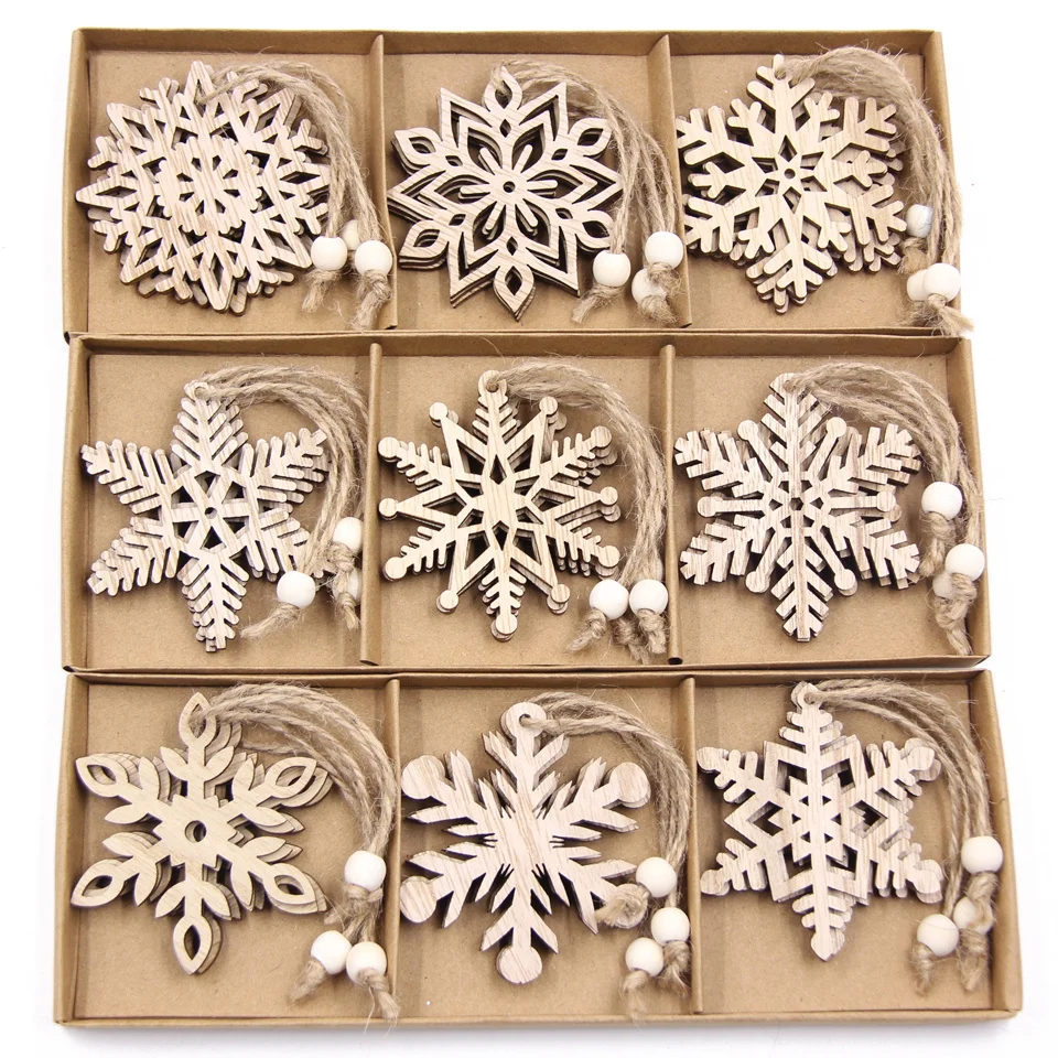12PCS/Box Wooden Snowflake Crafts Vintage Pendants Xmas Hanging Ornaments for Noel Tree Decorations Kids DIY Painting Gifts