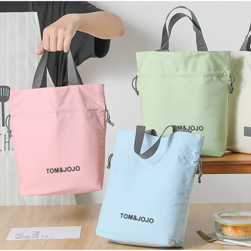 Small Canvas Lunch Bag For Women Thermal Foldable Drawstring Tote Insulated Lunch Box Bag Food Storage for Work School Picnic
