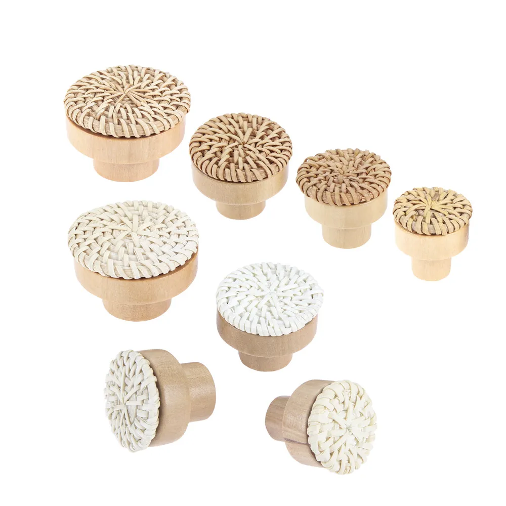 4pcs Rattan Knob w/screw Woven Wicker Round Wood Handle Furniture Pull 30/35/40/45mm Natural Eco-frinedly Exquisite White Coffee