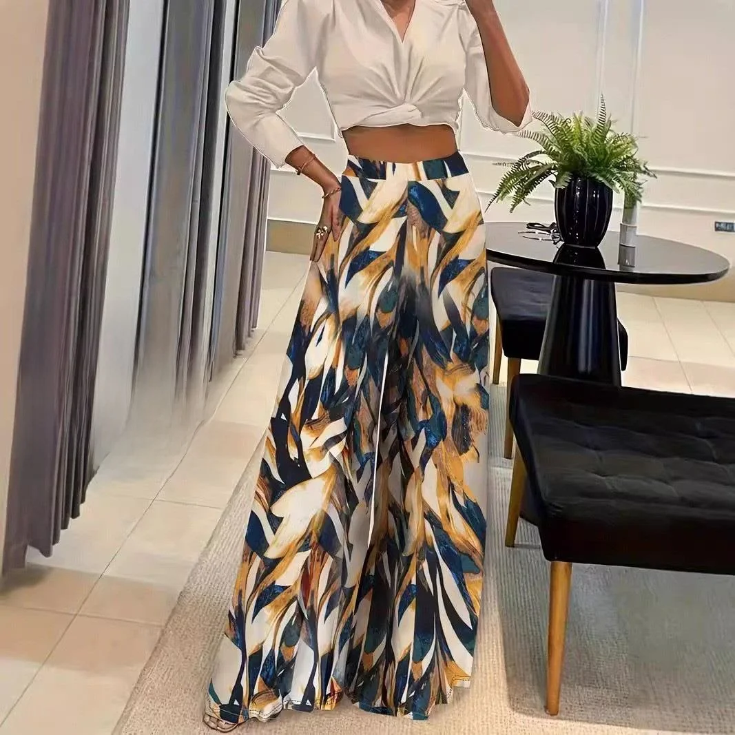 

Женские широкие трикотажные повседневные брюки с высокой талией и принтом, удобные свободные брюки из смеси полиэстера и хлопка с высокой талией