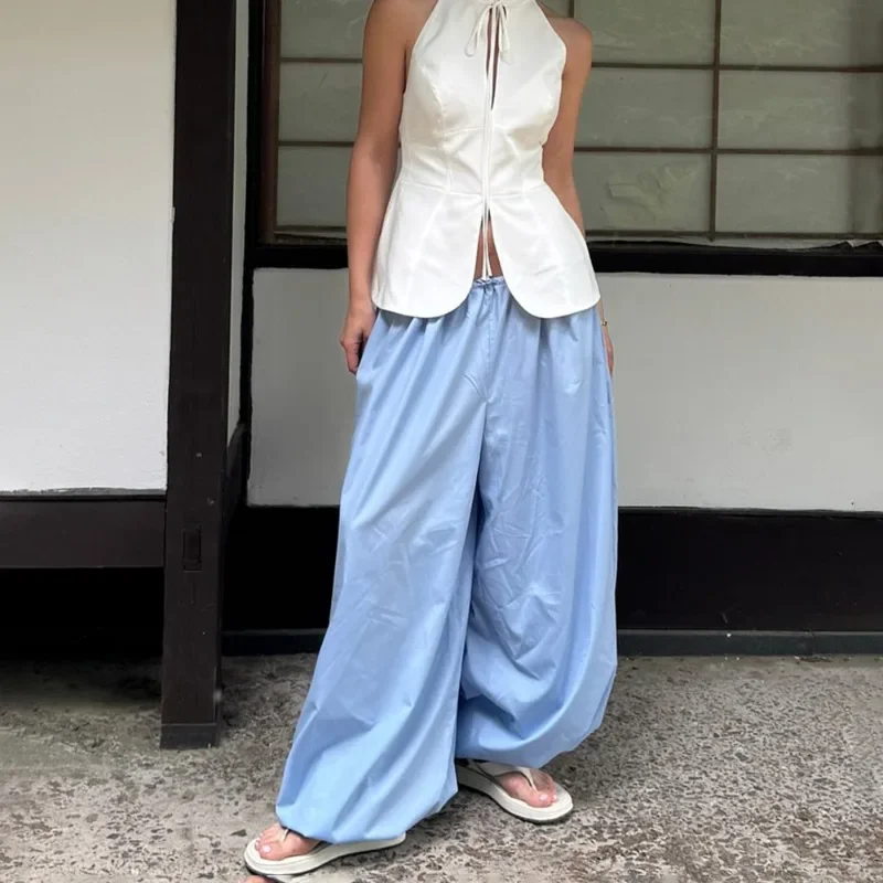 Aolsin 100% Cotton Women's Summer  Bloomers Trousers with Pocket High Waist Pleated Loose Wide Leg Patchwork Bandage Pants