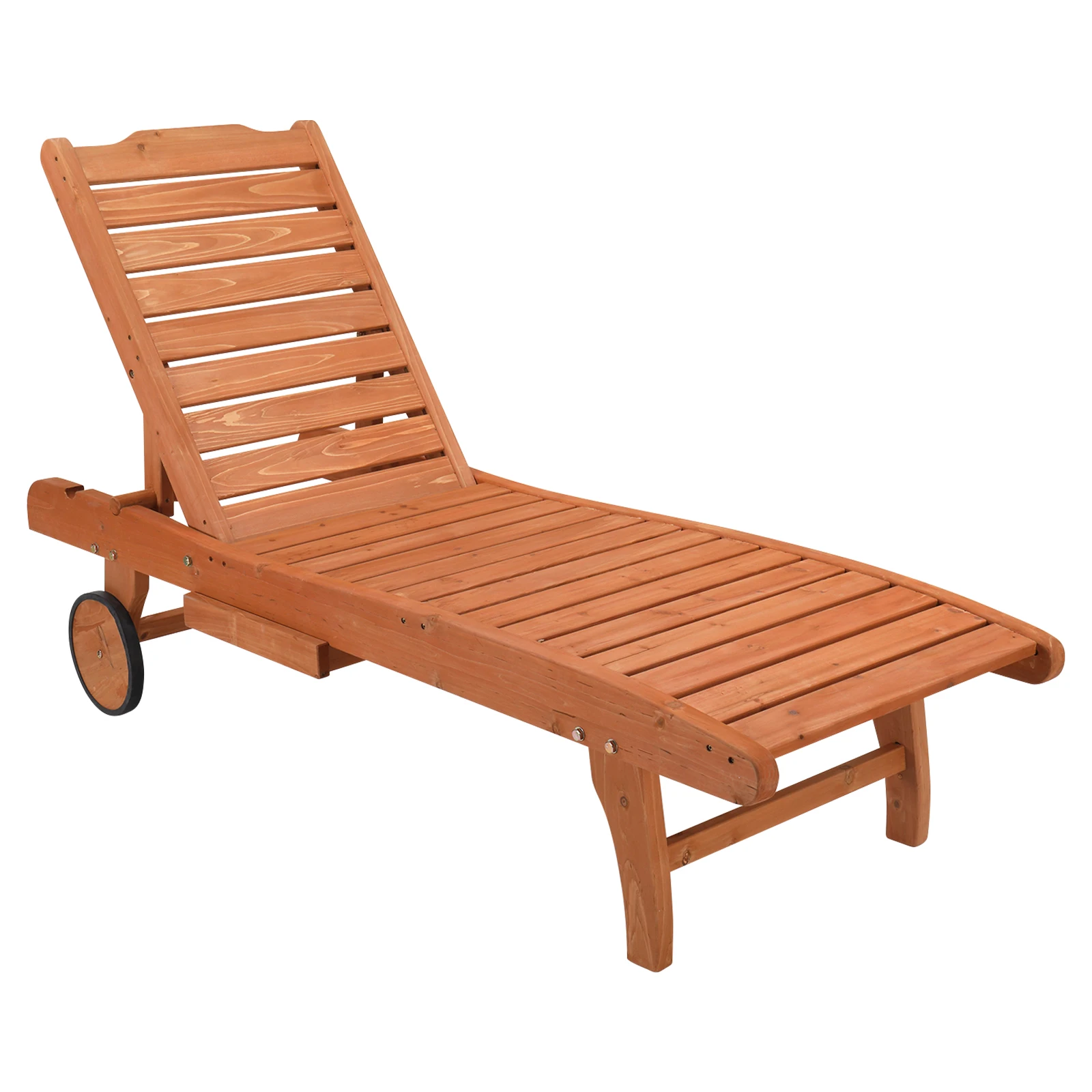 Garden Fir Chaise Outdoor Lounge Chairs with Wheels & Drawers, Adjustable Backrest for Patio & Poolside, Camping Bed