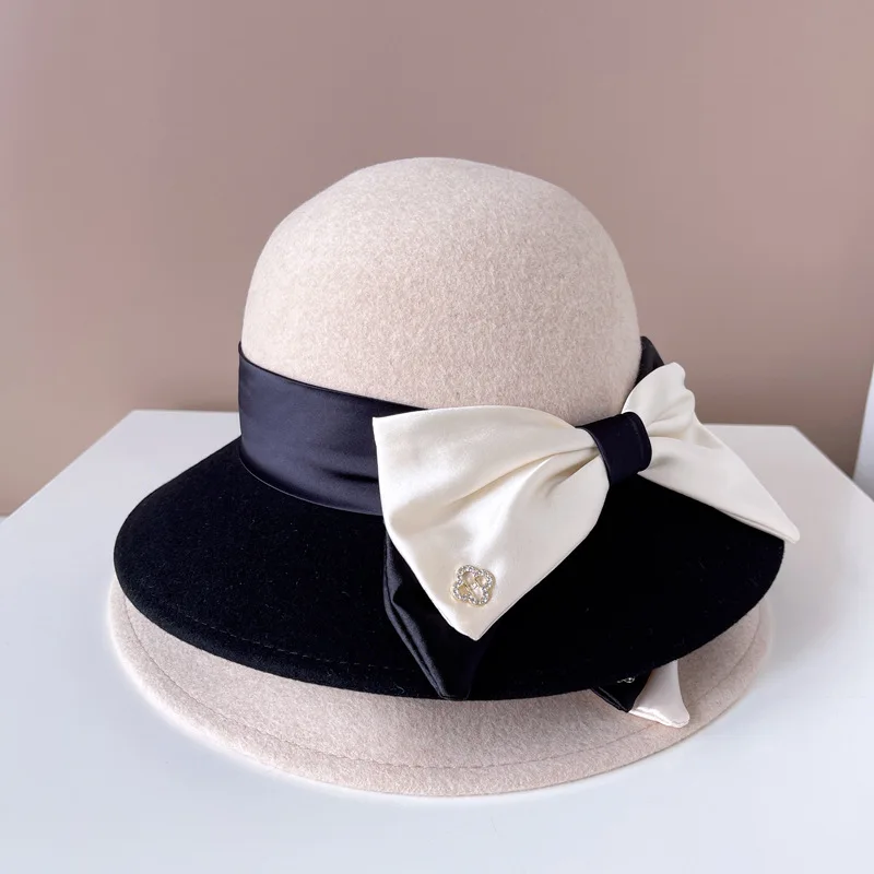 High quality small fragrance match color wool fisherman hat Fashion elegant satin with big bow top hat women's banquet basin hat