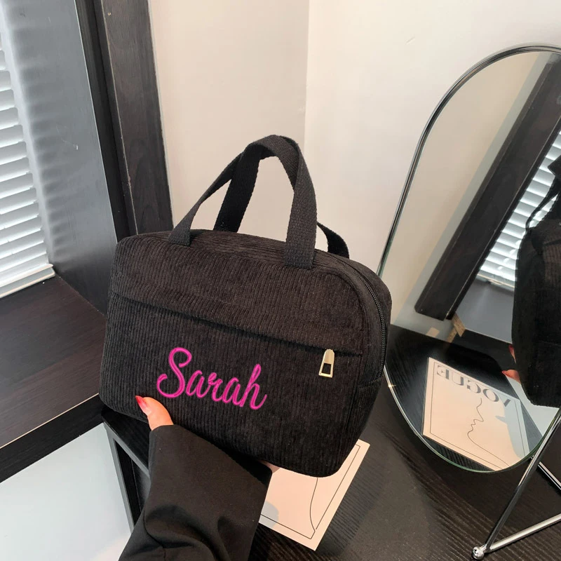 Personalized Embroidery Corduroy Fashion Make-up Bag Custom Name Multi-functional Portable Travel Storage Bag Leisure Handbag