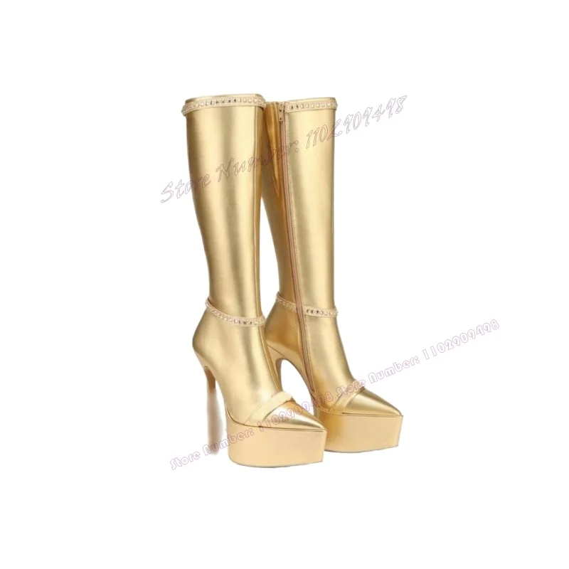 Golden Crystal Decor Platform Pointy Toe Boots Patent Leather Knee High Shoes for Women High Heel Shoes 2023 Zapatos Para Mujere