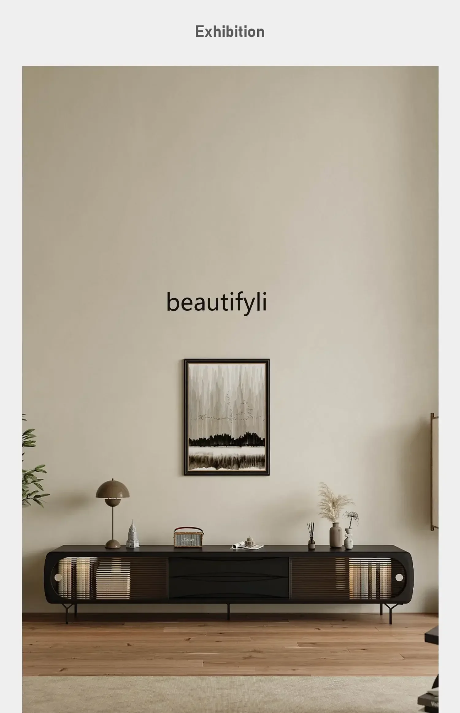 French Retro Black TV Cabinet and Tea Table Combination Living Room Storage Floor Cabinet Solid Wood High-Grade