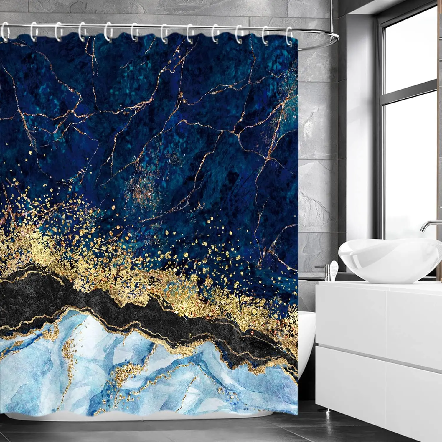 

Dark lue Marble Shower Curtain Gold flash Fluid Blue Marble Shower Curtain Abstract art Bathtub Curtain Set Waterproof