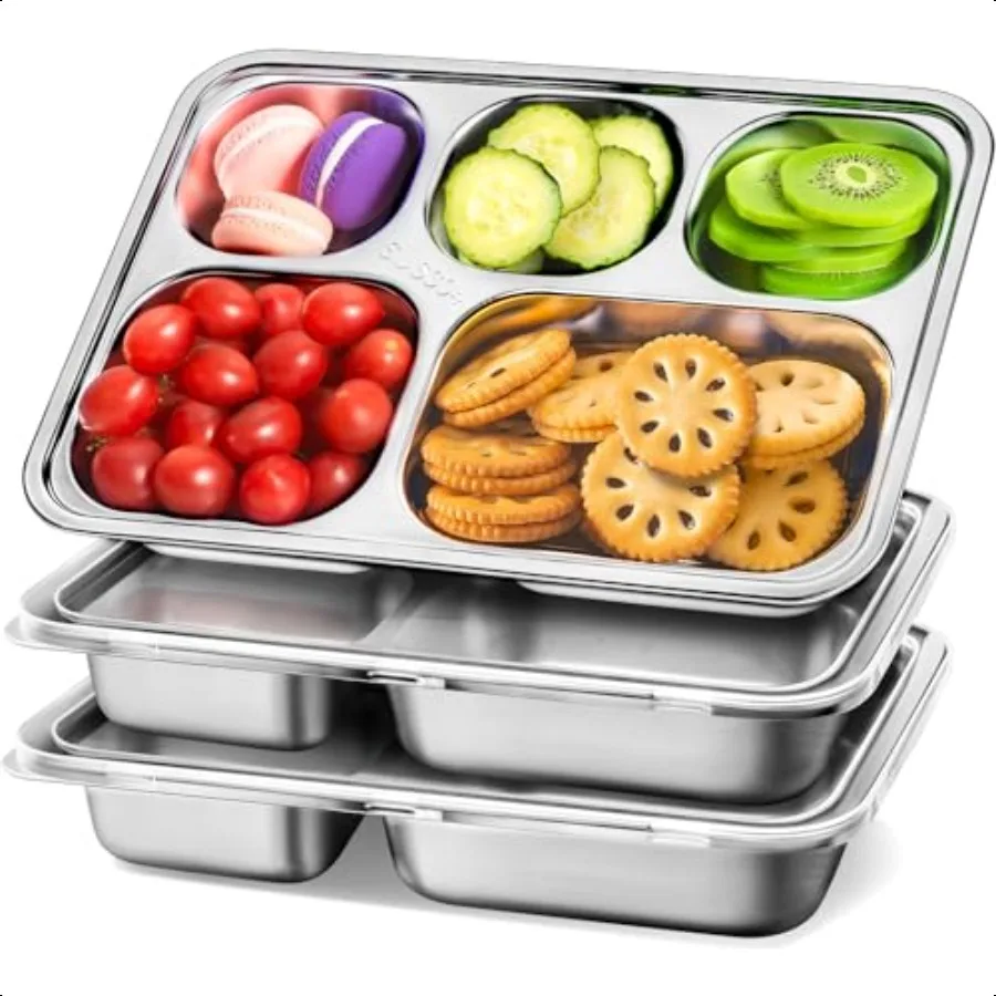 

Stainl Steel Snack Containers with Lids 3 Pack 5 Compartments Bento Snack Boxes Reusable Meal Prep Lunch Containers for Adults