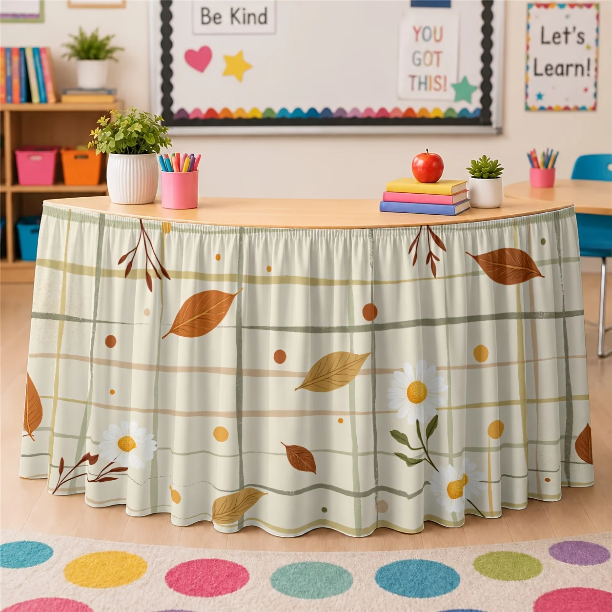 One table skirt. Autumn floral check pattern printed table skirt. Polyester bohemian country retro fashion.