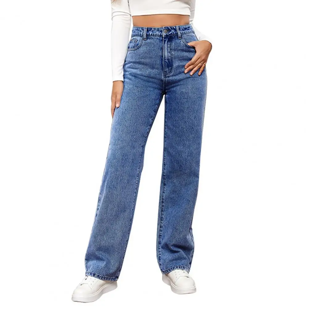 Soft Long Pants High Waist Wide Leg Women's Jeans with Retro Straight Pockets Slim Fit Full Length Denim Pants in Solid for A