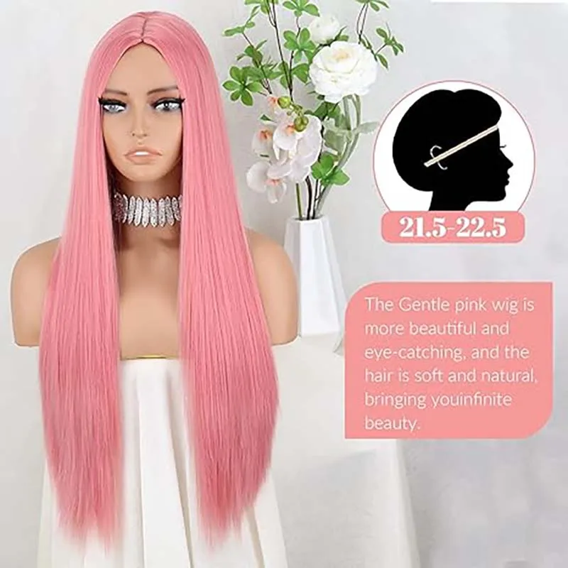 Synthetic Pink Wig for Women Long Pink Wig Straight Pink Wig Natural Looking for Cosplay