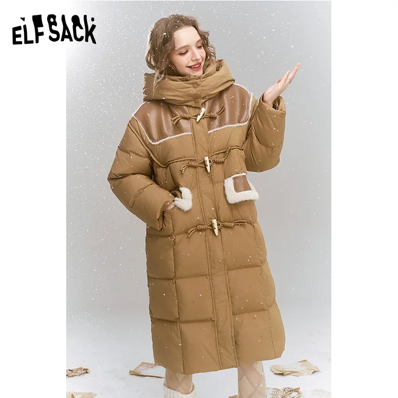 ELFSACK 2024 invierno nuevas llegadas chaqueta de plumón cálida con capucha de largo medio con estampado retro suelto para mujer