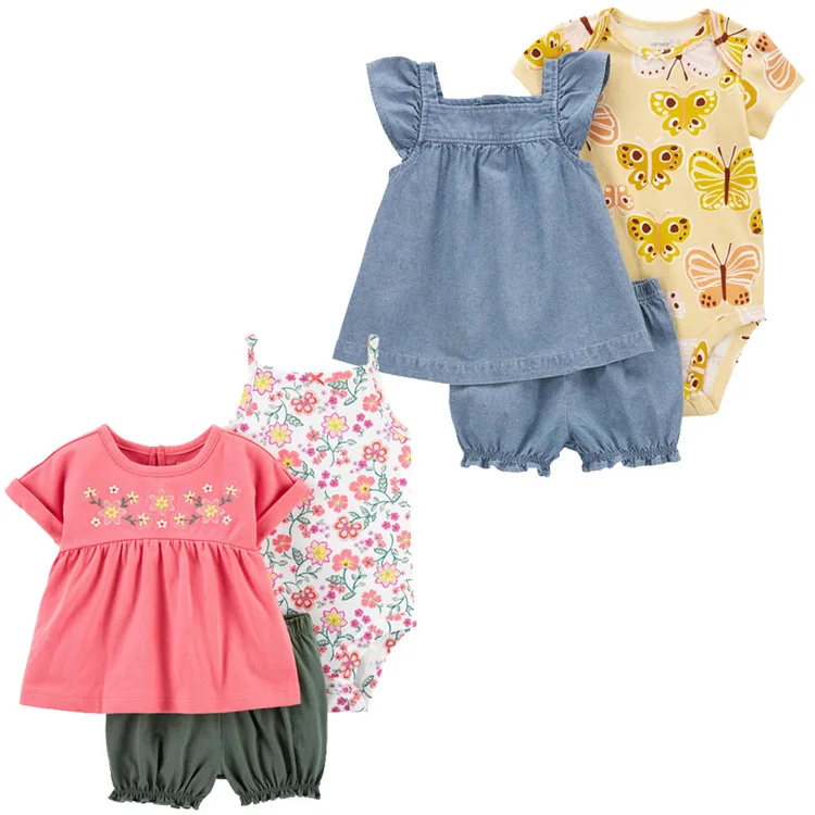 Summer Newborn Baby Girl Clothes Set Cartoon Short Sleeve Ruffle Romper Tops Flower Short Pants Tshirt 3Pcs Infant Outfits 6-24M