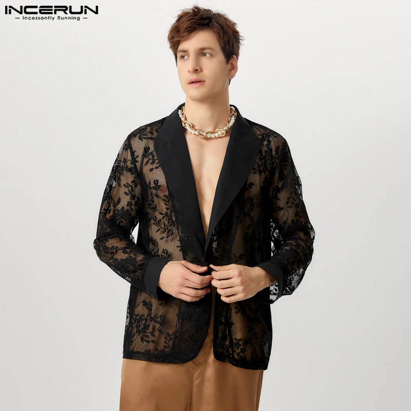 

INCERUN Men Lacing Splicing Loose Blazer Casual Long Sleeve Lapel Collar Suits See Through Elegant Knitted Jackets Male Coats
