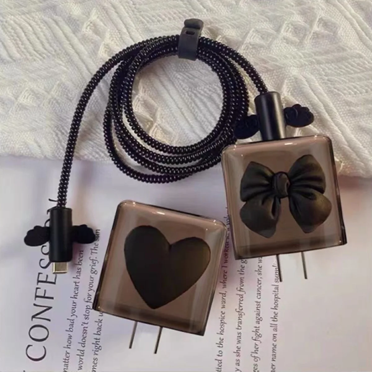 Black Love Bow 5pcs Charging Data Cable Protector Winder Accessories For iPhone 18/20w Charger Protective Cover