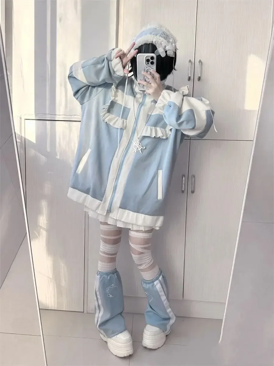 Korean Fashion Sweet Lolita Zipper Jacket Mori Girl Large Lapel Coats Autumn Summer Loose Casual Out