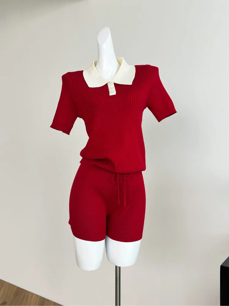

2025 New Tennis Style Polo Knit Set Women Summer Cropped Top + Shorts Outfit Sporty Chic Two Piece Y2K Casual Wear High Quality