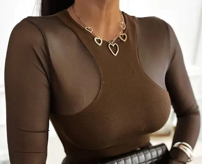 

Women's Sheer Mesh Spliced Long Sleeve Slim Sexy Top Female Daily Wear Temperament Commuting New Woman Fashion Skinny T-Shirt