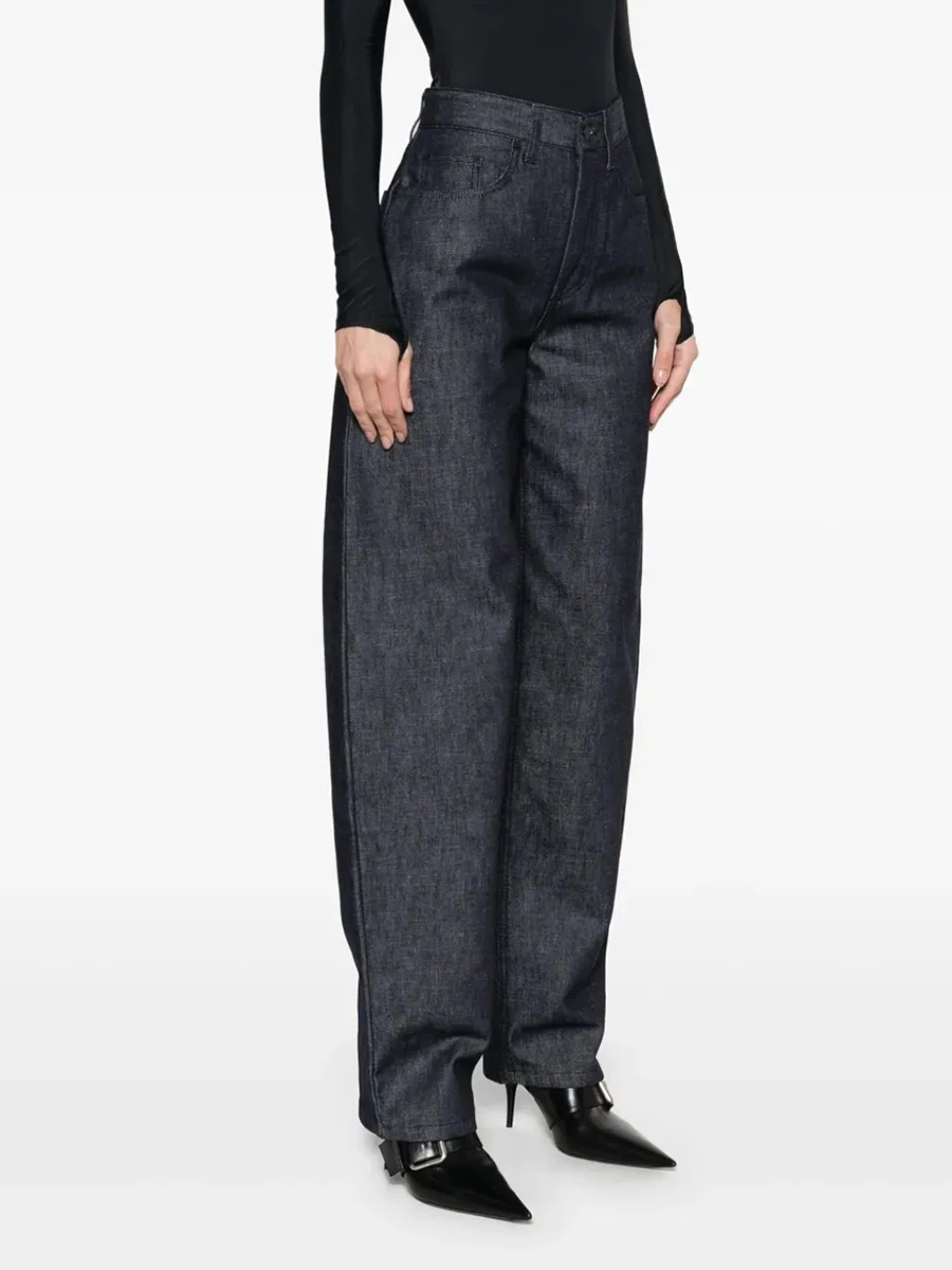 TWOTWINSTYLE Jeans Kasual Berenda Sambungan Longgar Solid untuk Wanita Jeans Temperamen Saku Tambal Sulam Pinggang Tinggi Fashion Wanita Baru