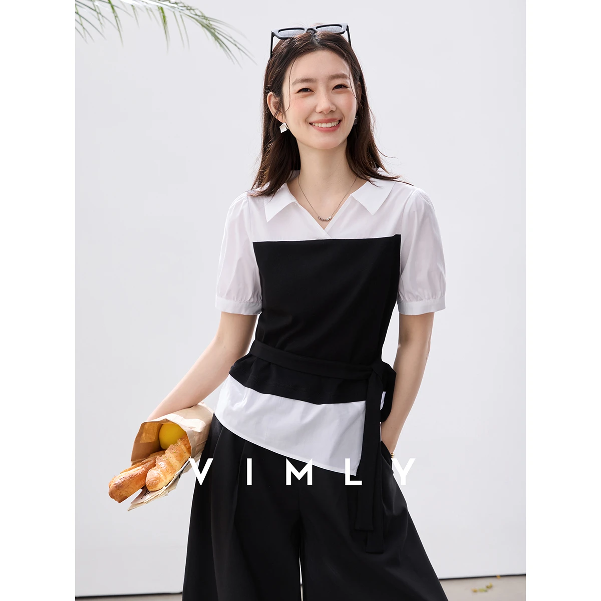 

VIMLY Women's Faux Two-Piece Blouse 2026 Summer New Commute Casual Color Block Lapel Collar Tie Waist Short Sleeve Shirt A6019