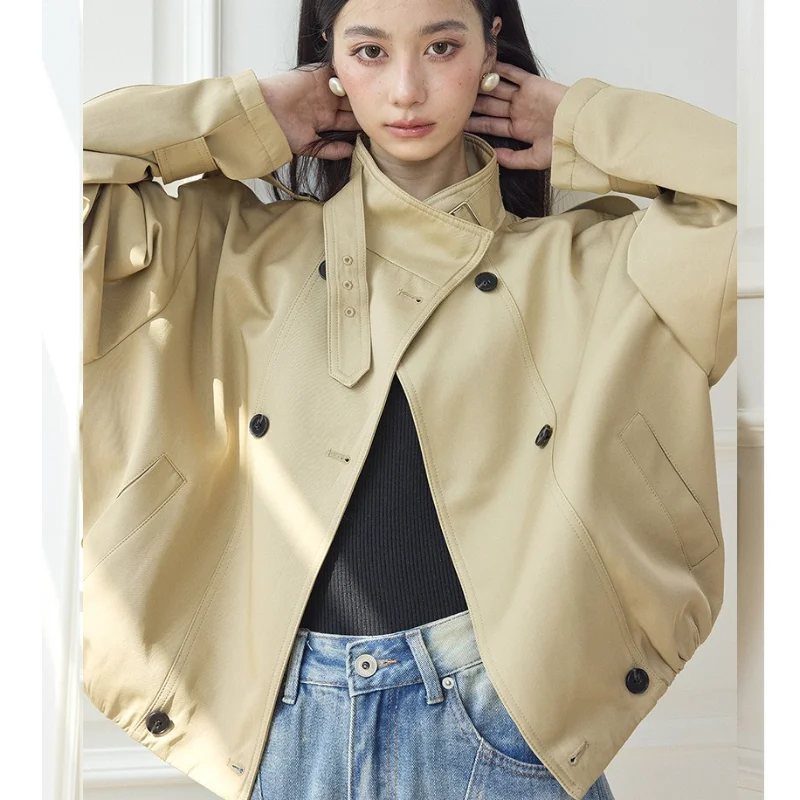 

Women Khaki Loose Casual Trench Jacket Fashion Double-breasted Stand Collar Autumn Basic Long-sleeved French Short Trench Jacket