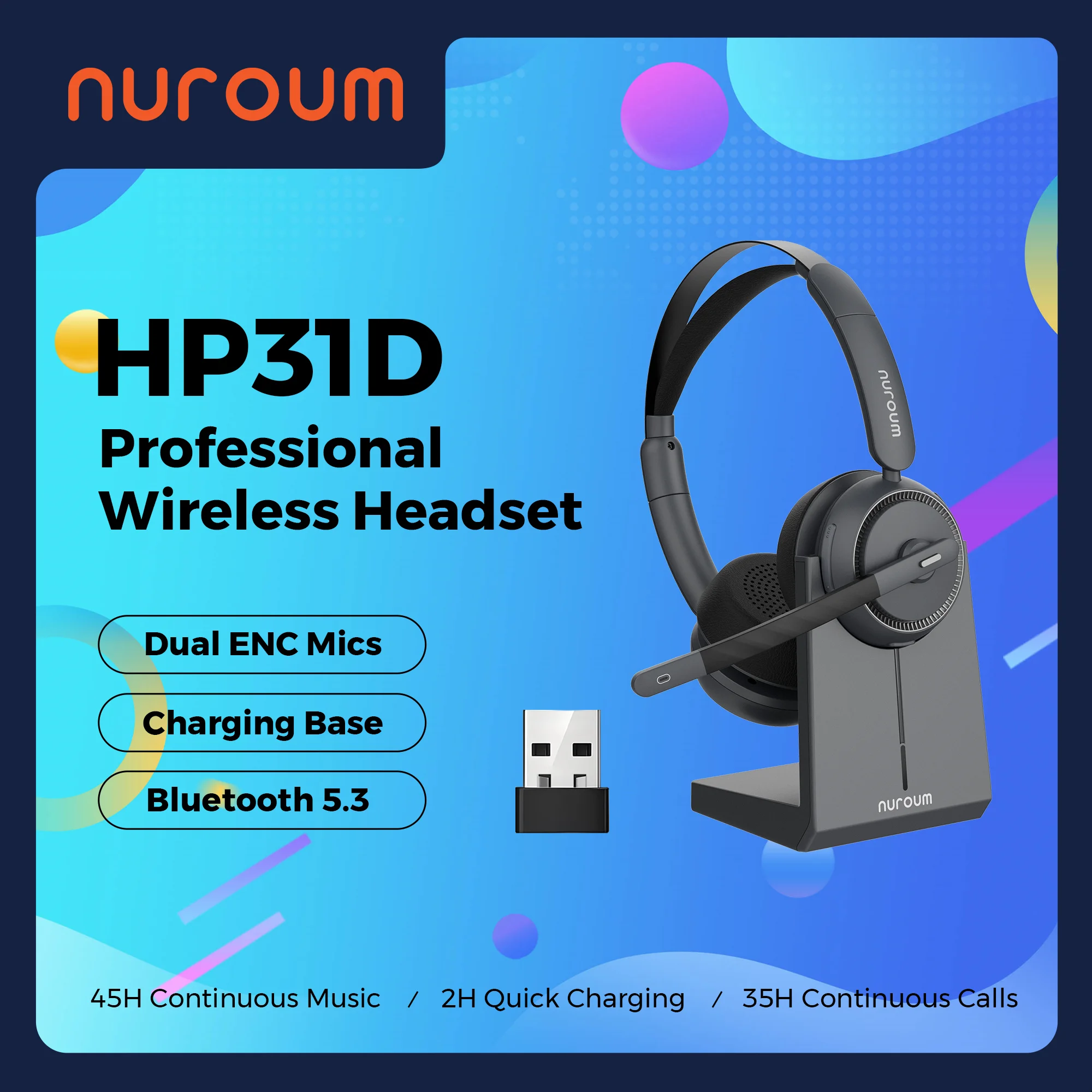 

Nuroum HP31D Беспроводная гарнитура с шумоподавлением AI и подставкой для зарядки Микрофоны Bluetooth USB/Type-C/Type-A для компьютера, телефона