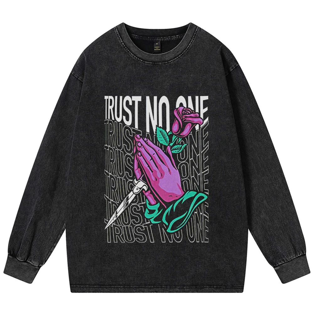 Trust No One Hip Hop T-shirt Men Long Sleeve Autumn 250GSM Cotton Tee Shirts Streetwear Clothing